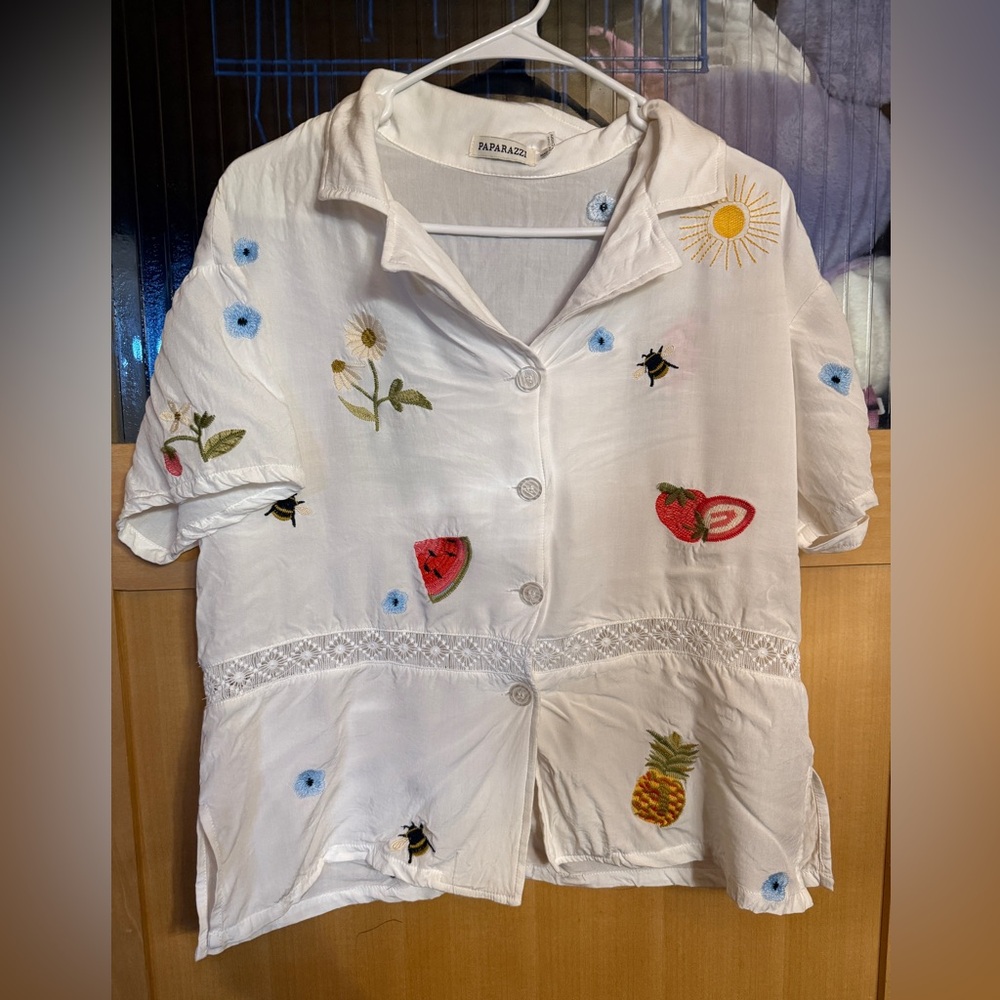 Paparazzi Embroidered Floral-bees Etc  Shirt Top Blouse-viscous